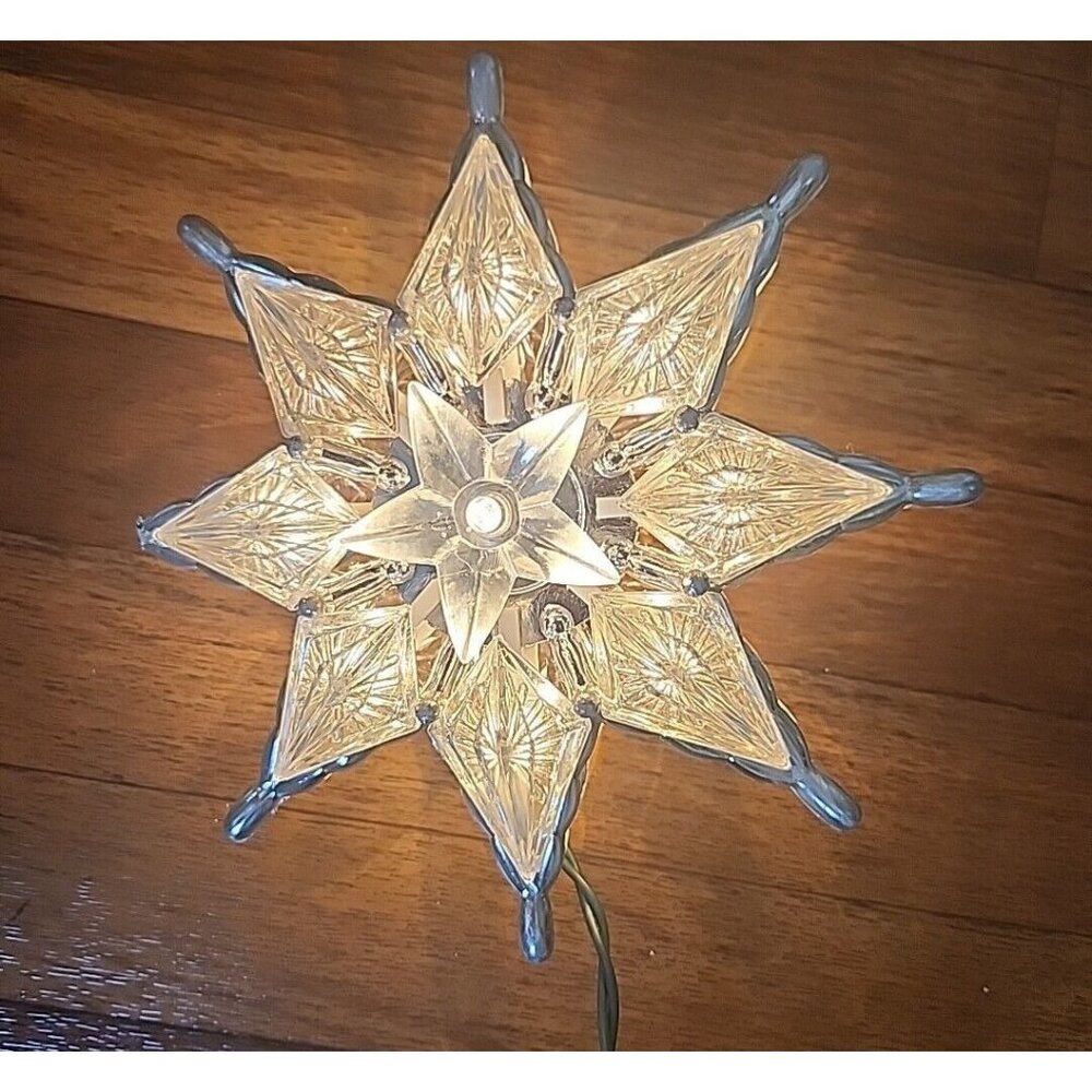 Light Up Silver-Trim Retro Clear 8-Point Star Christmas Tree Topper 8" AS IS